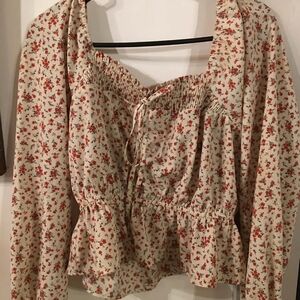Paper Crane Cream Blouse with Red Floral Print and Smocked Neckline